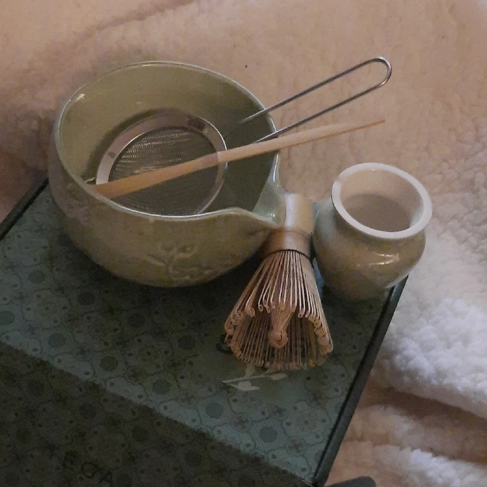 Green Matcha Tea Set with Whisk and Strainer